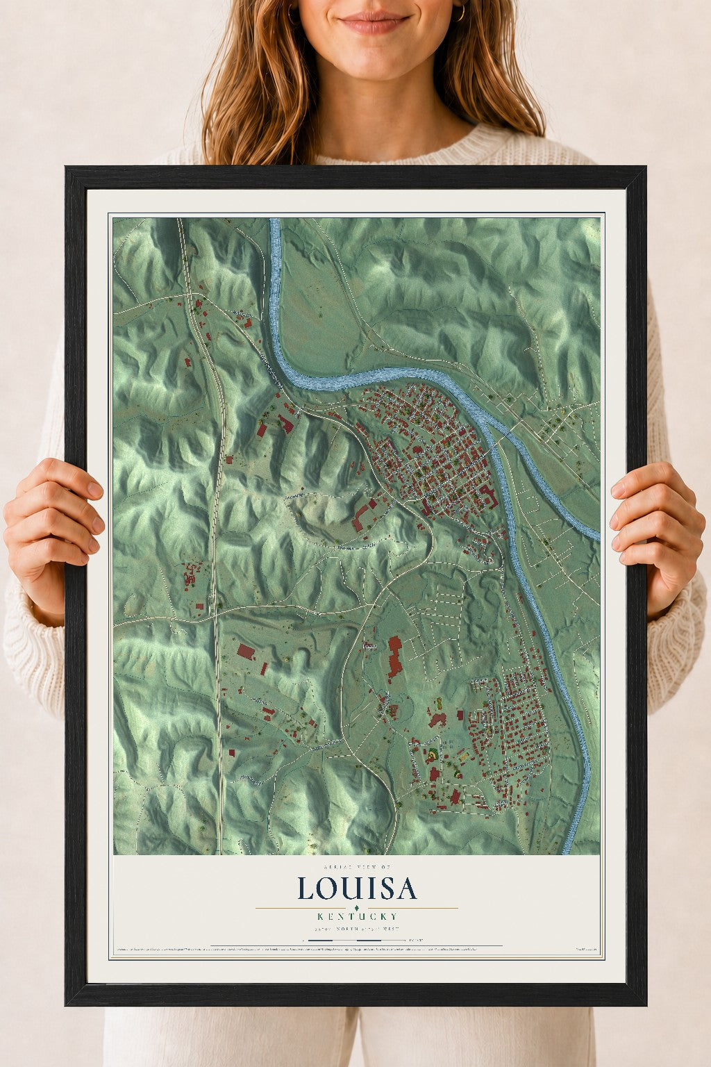 Map of Louisa, Kentucky, 18 x 24 inch print in a black wood frame