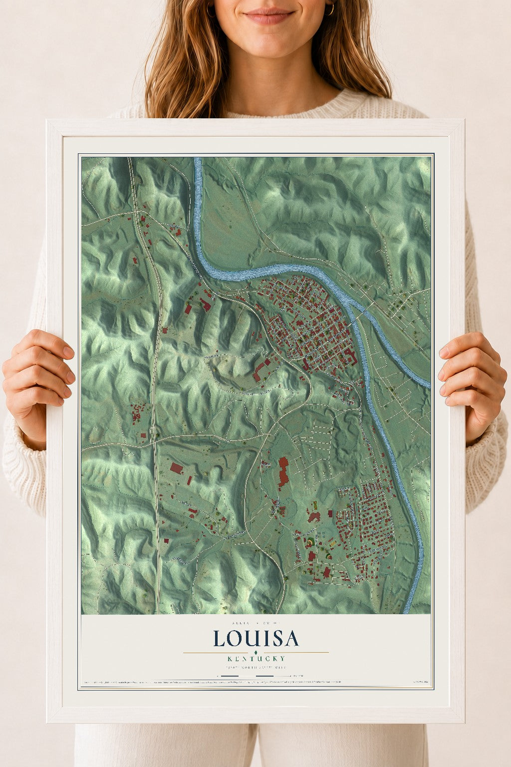Map of Louisa, Kentucky, 18 x 24 inch print in a white wood frame