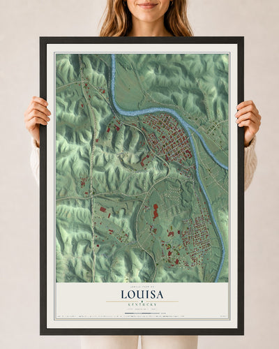 Map of Louisa, Kentucky, 24 x 36 inch print in a black wood frame