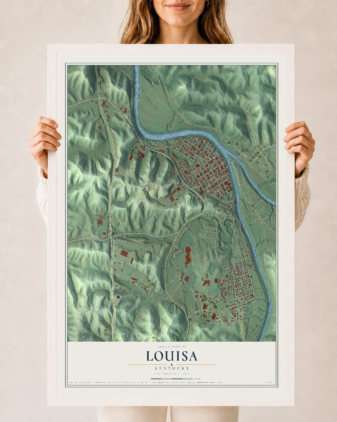 Map of Louisa, Kentucky, 24 x 36 inch print in a white wood frame