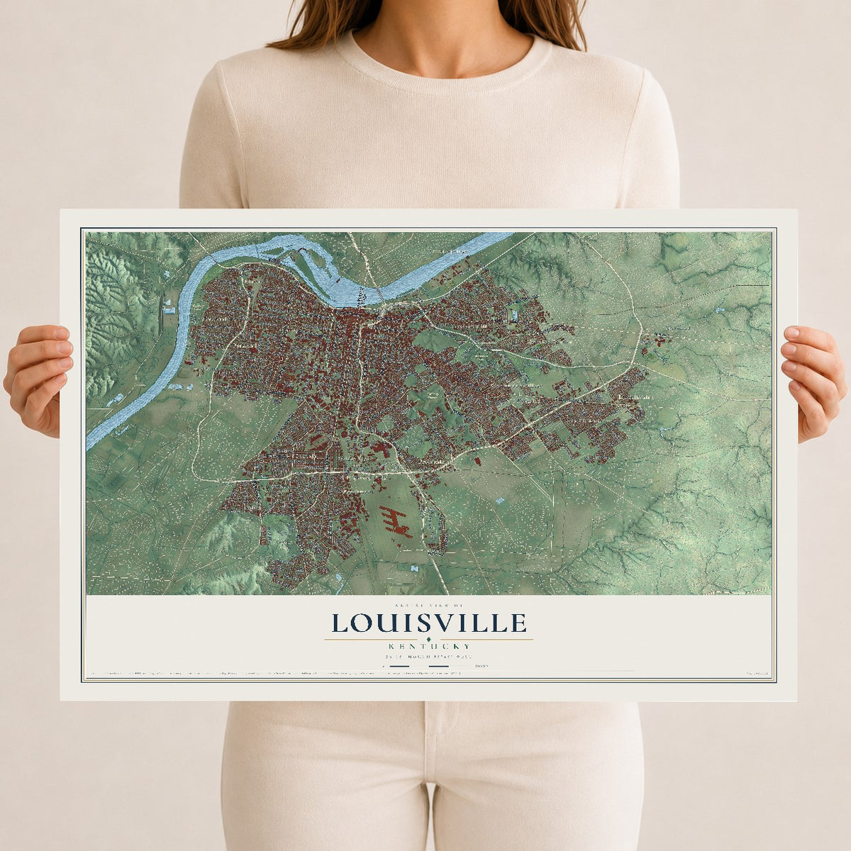 Map of Louisville, Kentucky, 12 x 18 inch unframed archival matte print