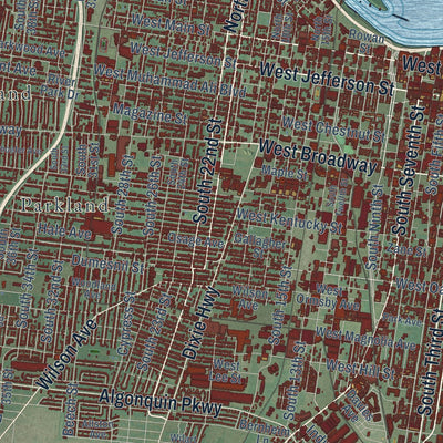Close-up of the map of Louisville, Kentucky print showing street and building detail