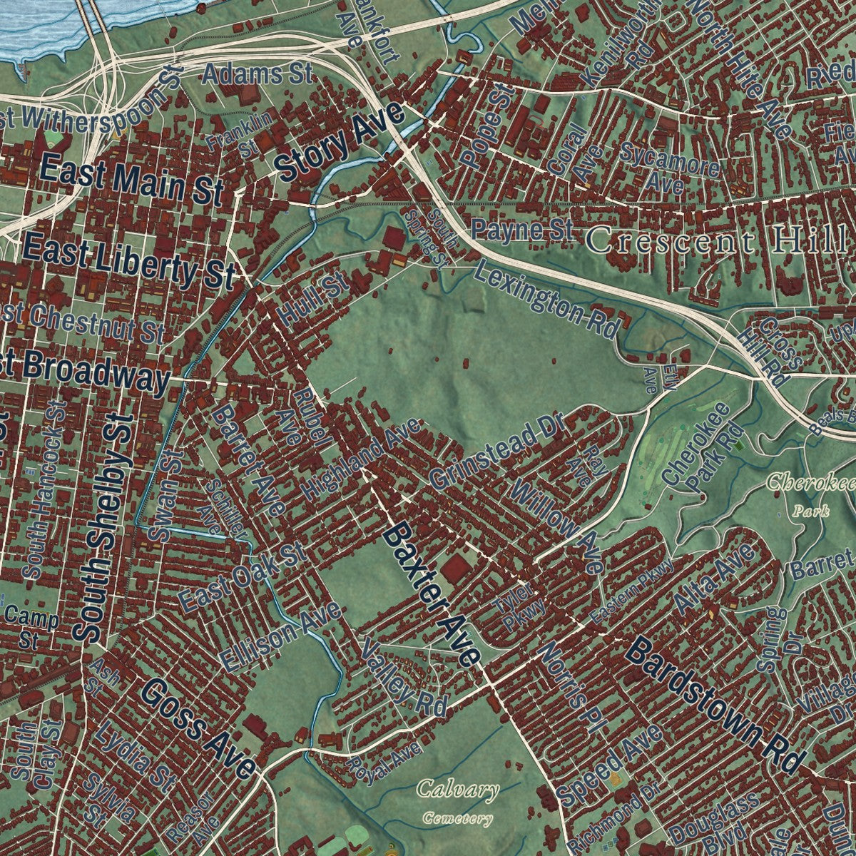 Second close-up of the map of Louisville, Kentucky print showing more streets and buildings