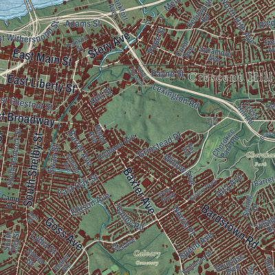 Second close-up of the map of Louisville, Kentucky print showing more streets and buildings