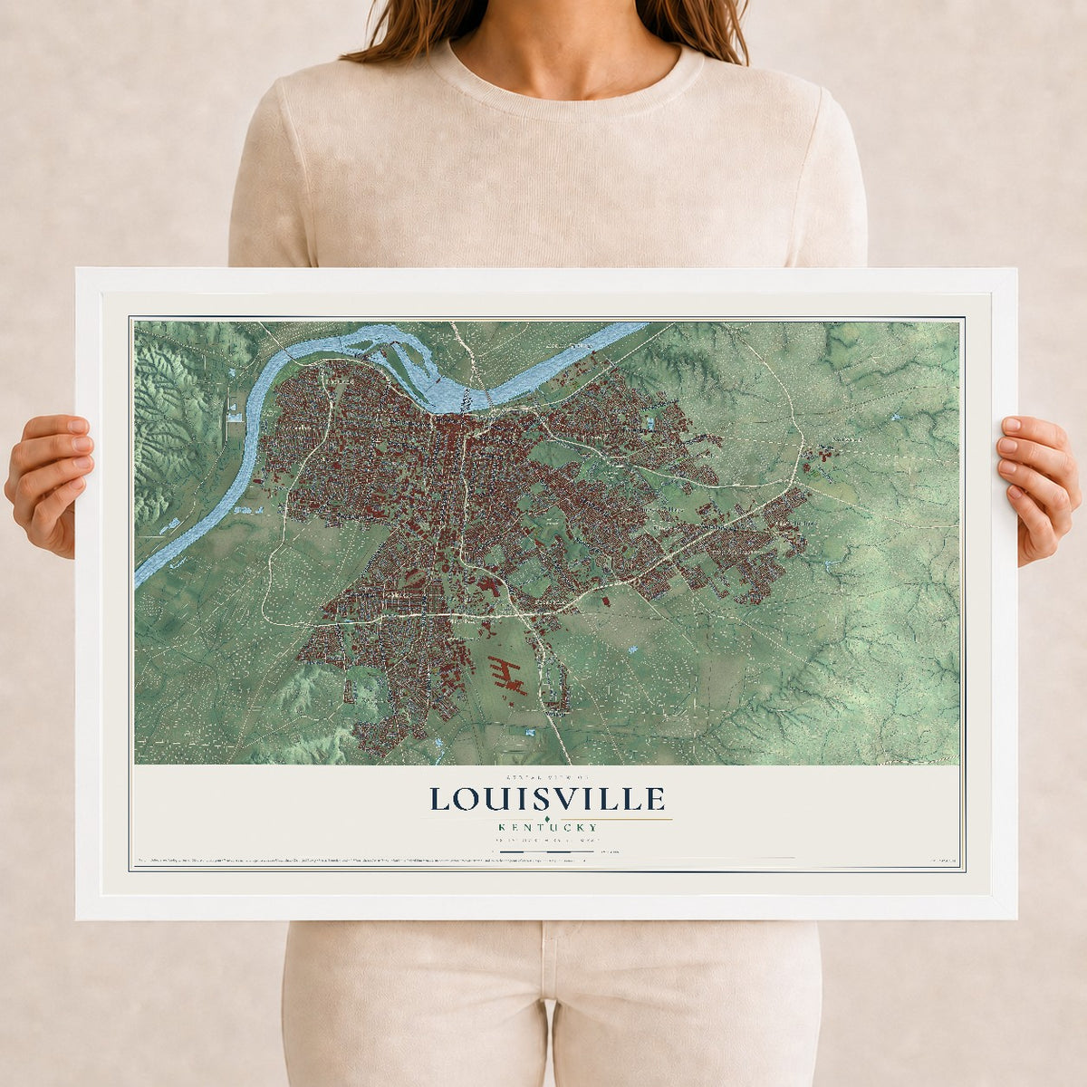 Map of Louisville, Kentucky, 12 x 18 inch print in a white wood frame