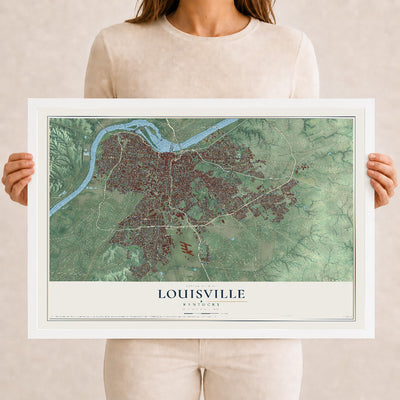 Map of Louisville, Kentucky, 12 x 18 inch print in a white wood frame