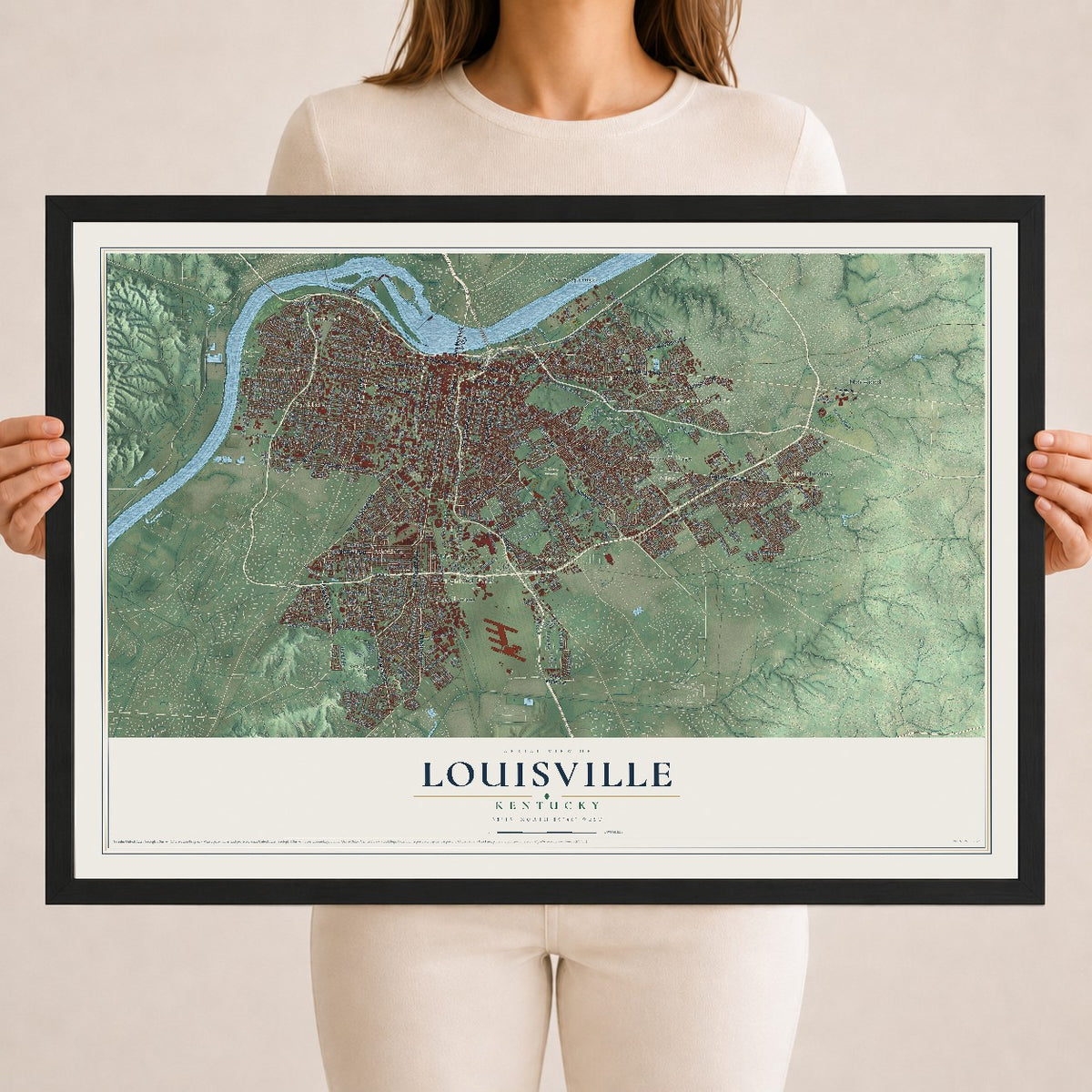 Map of Louisville, Kentucky, 18 x 24 inch print in a black wood frame