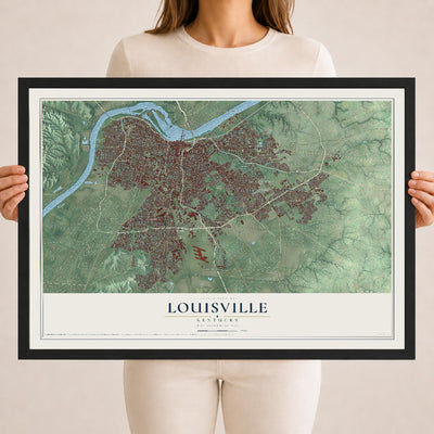 Map of Louisville, Kentucky, 18 x 24 inch print in a black wood frame