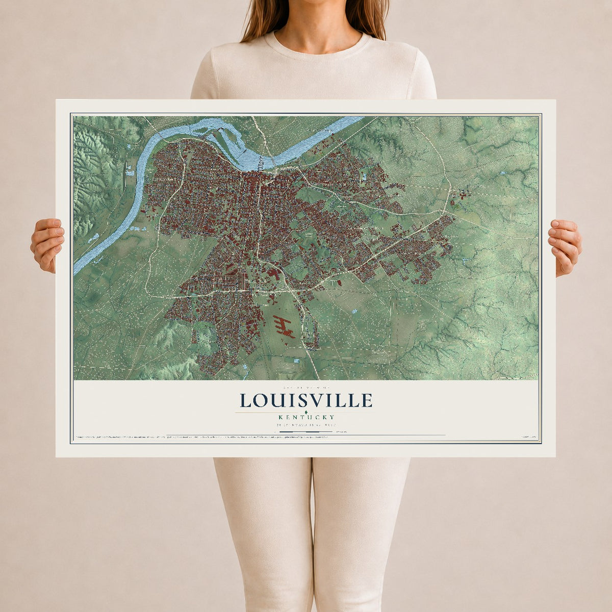 Map of Louisville, Kentucky, 24 x 36 inch unframed archival matte print