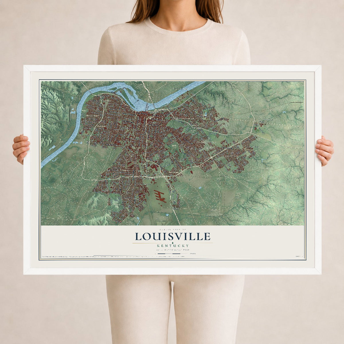 Map of Louisville, Kentucky, 24 x 36 inch print in a white wood frame