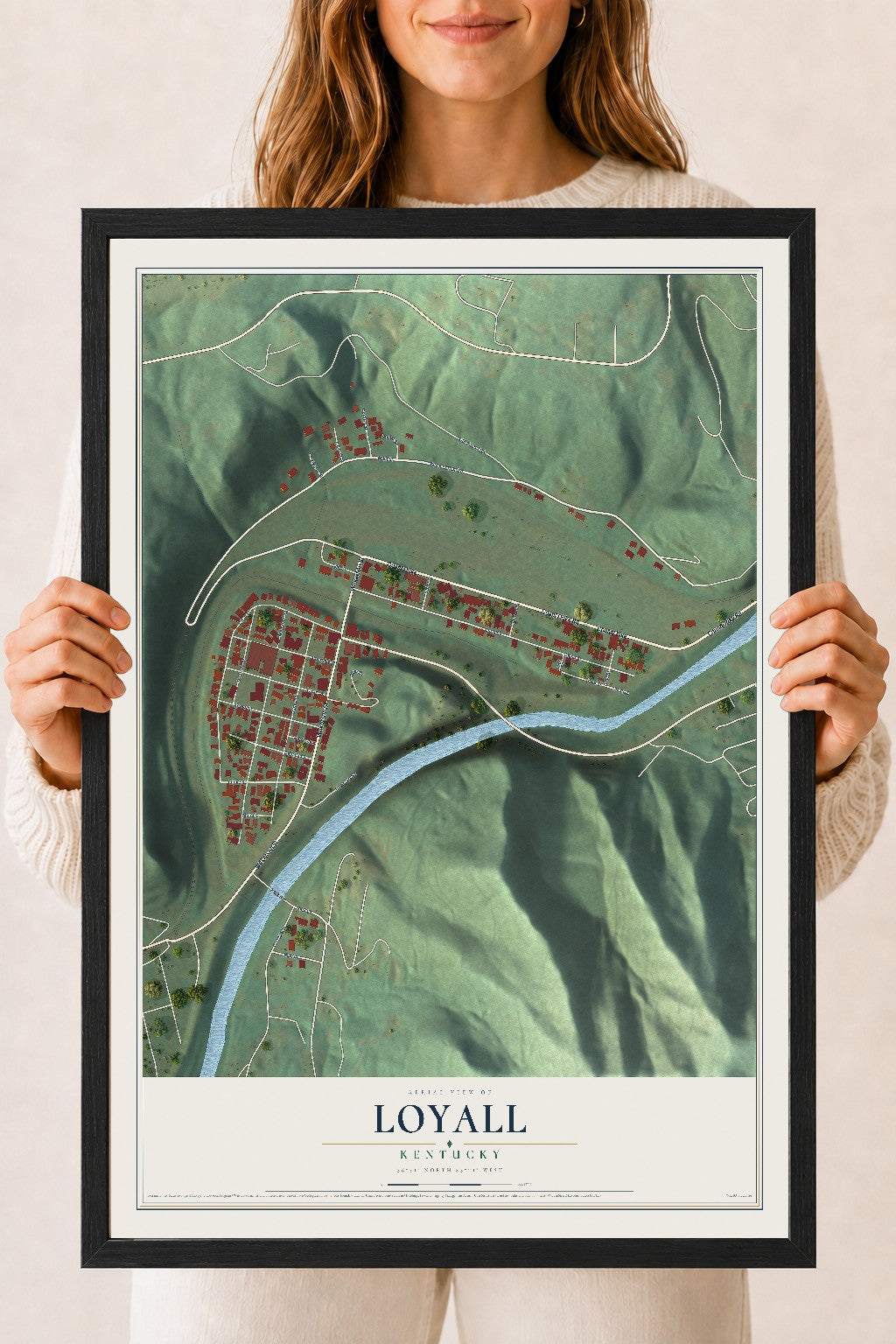 Map of Loyall, Kentucky, 18 x 24 inch print in a black wood frame