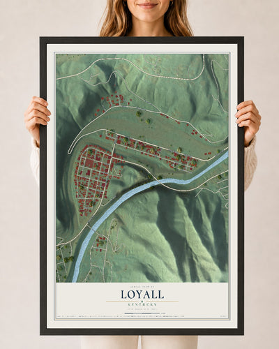 Map of Loyall, Kentucky, 24 x 36 inch print in a black wood frame