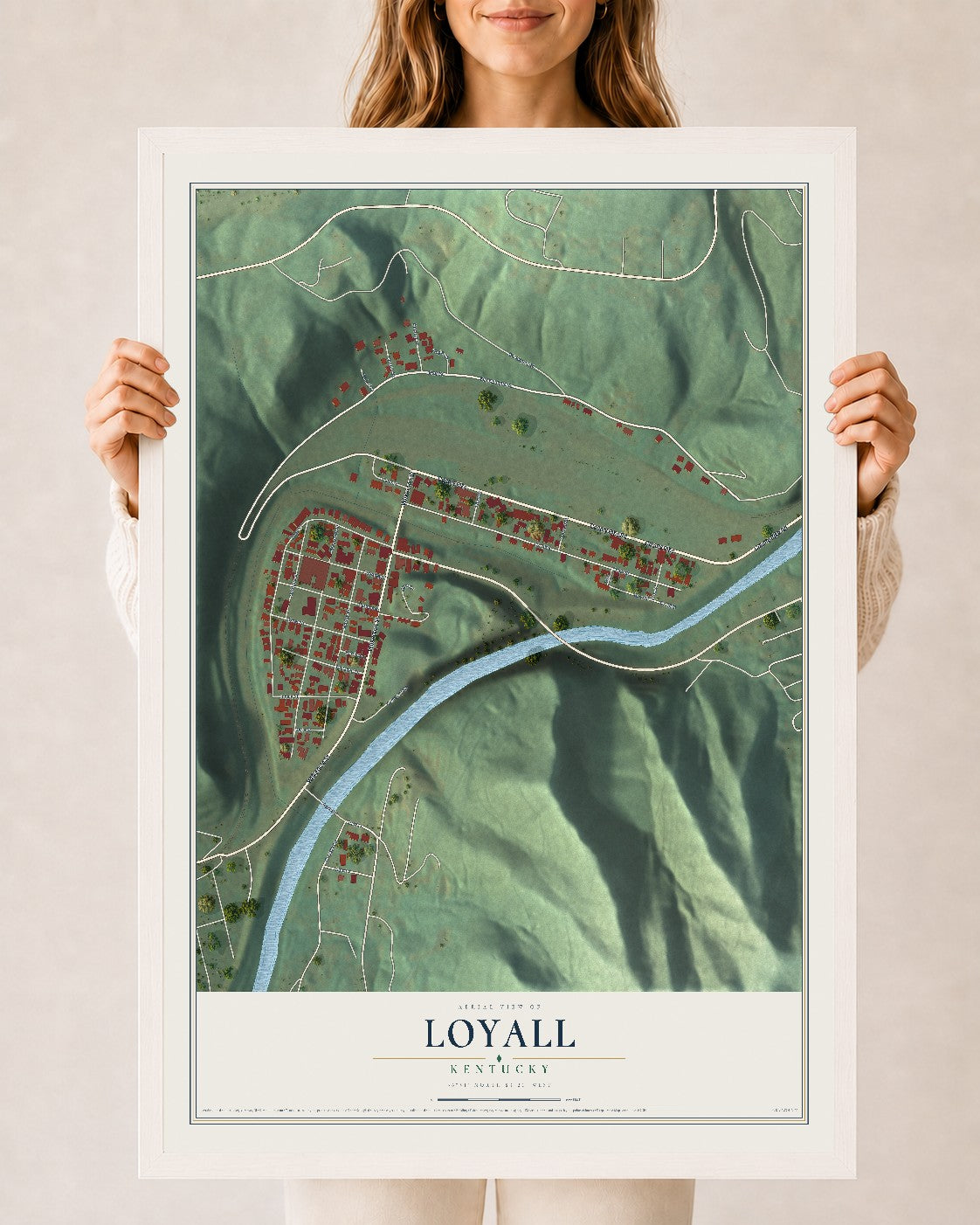 Map of Loyall, Kentucky, 24 x 36 inch print in a white wood frame