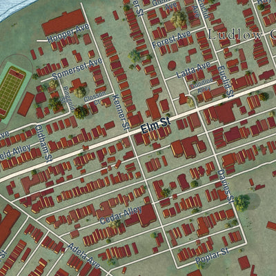 Close-up of the map of Ludlow, Kentucky print showing street and building detail