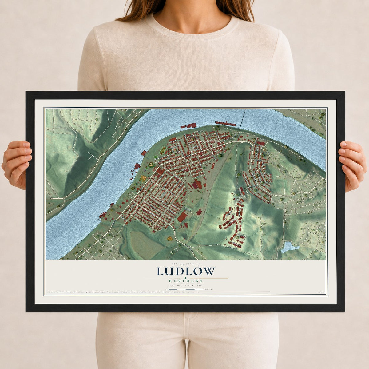 Map of Ludlow, Kentucky, 12 x 18 inch print in a black wood frame