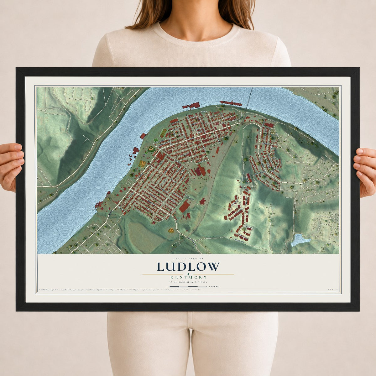 Map of Ludlow, Kentucky, 18 x 24 inch print in a black wood frame