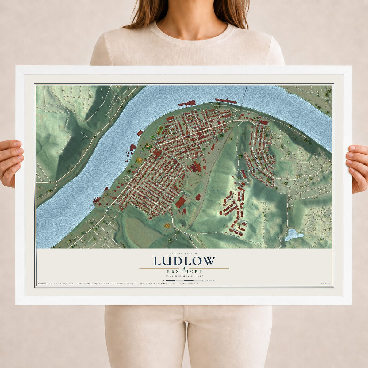 Map of Ludlow, Kentucky, 18 x 24 inch print in a white wood frame