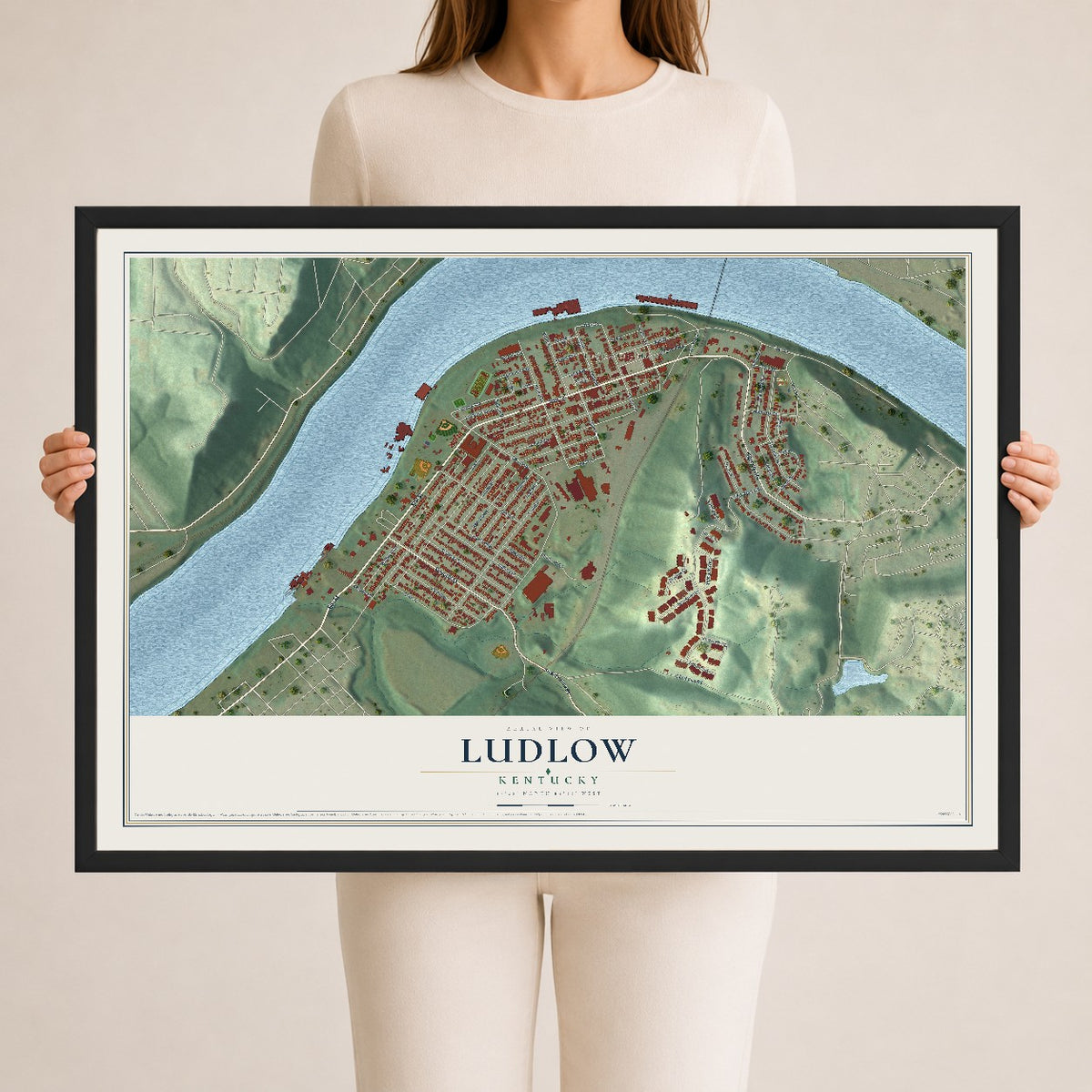 Map of Ludlow, Kentucky, 24 x 36 inch print in a black wood frame