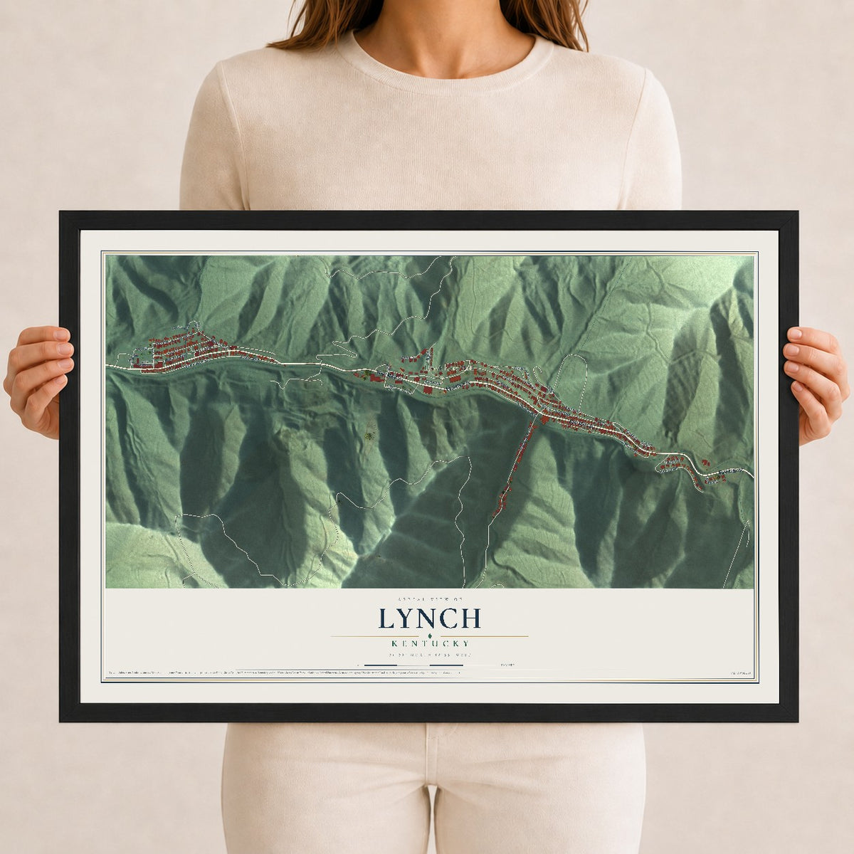 Map of Lynch, Kentucky, 12 x 18 inch print in a black wood frame