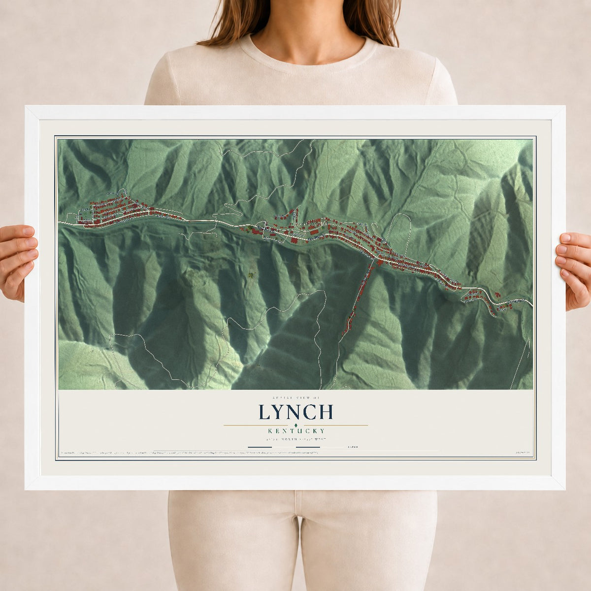 Map of Lynch, Kentucky, 18 x 24 inch print in a white wood frame