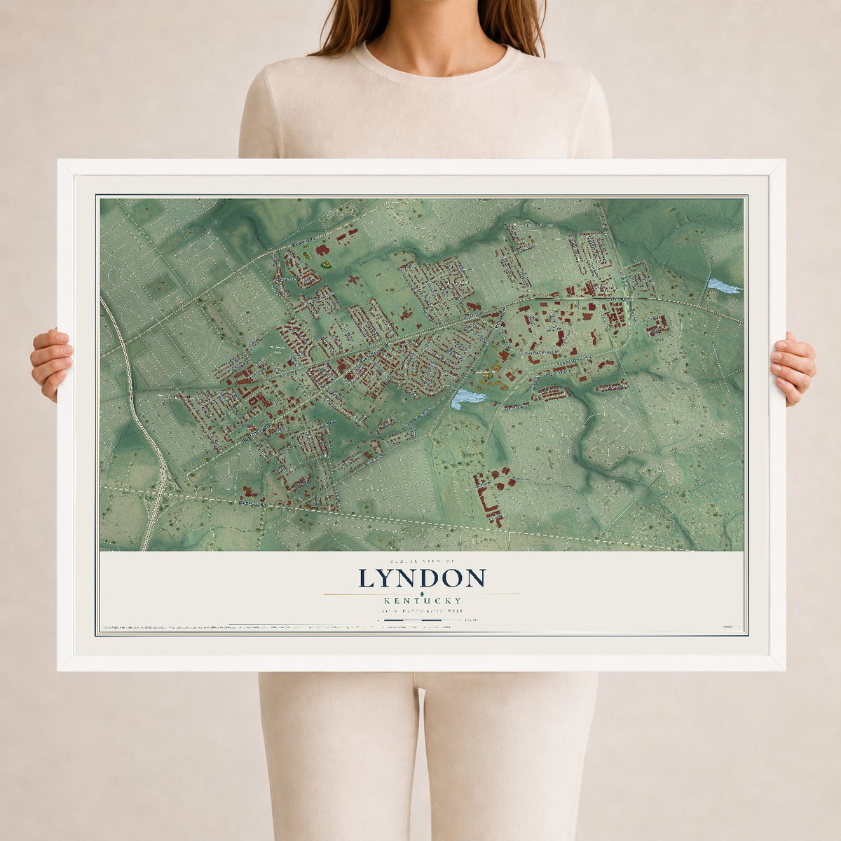 Map of Lyndon, Kentucky, 24 x 36 inch print in a white wood frame