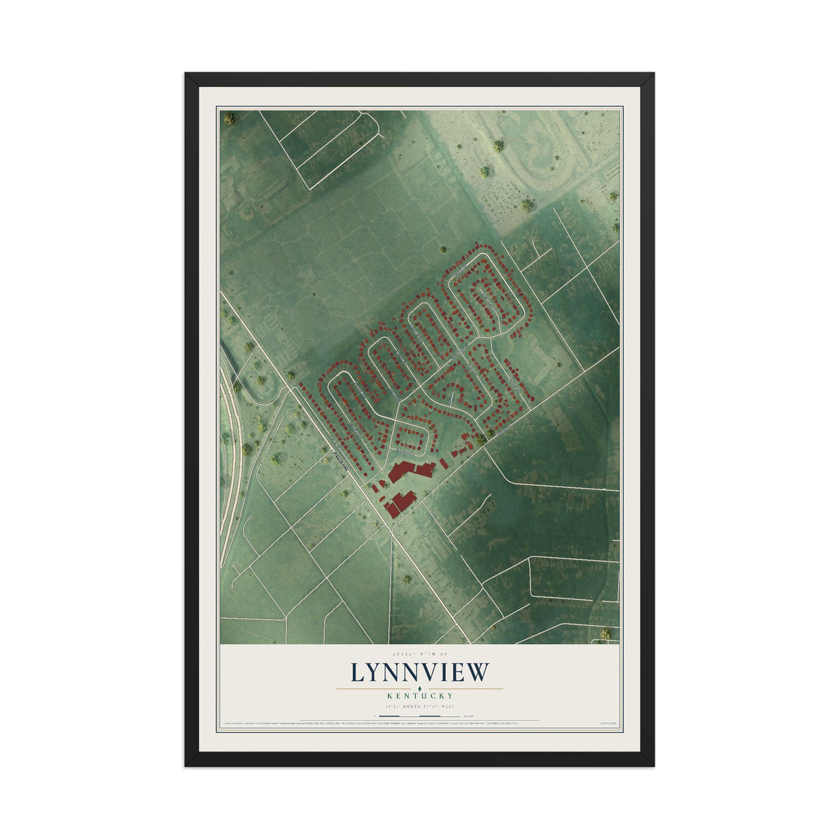 Map of Lynnview, Kentucky, 12 x 18 inch print in a black wood frame