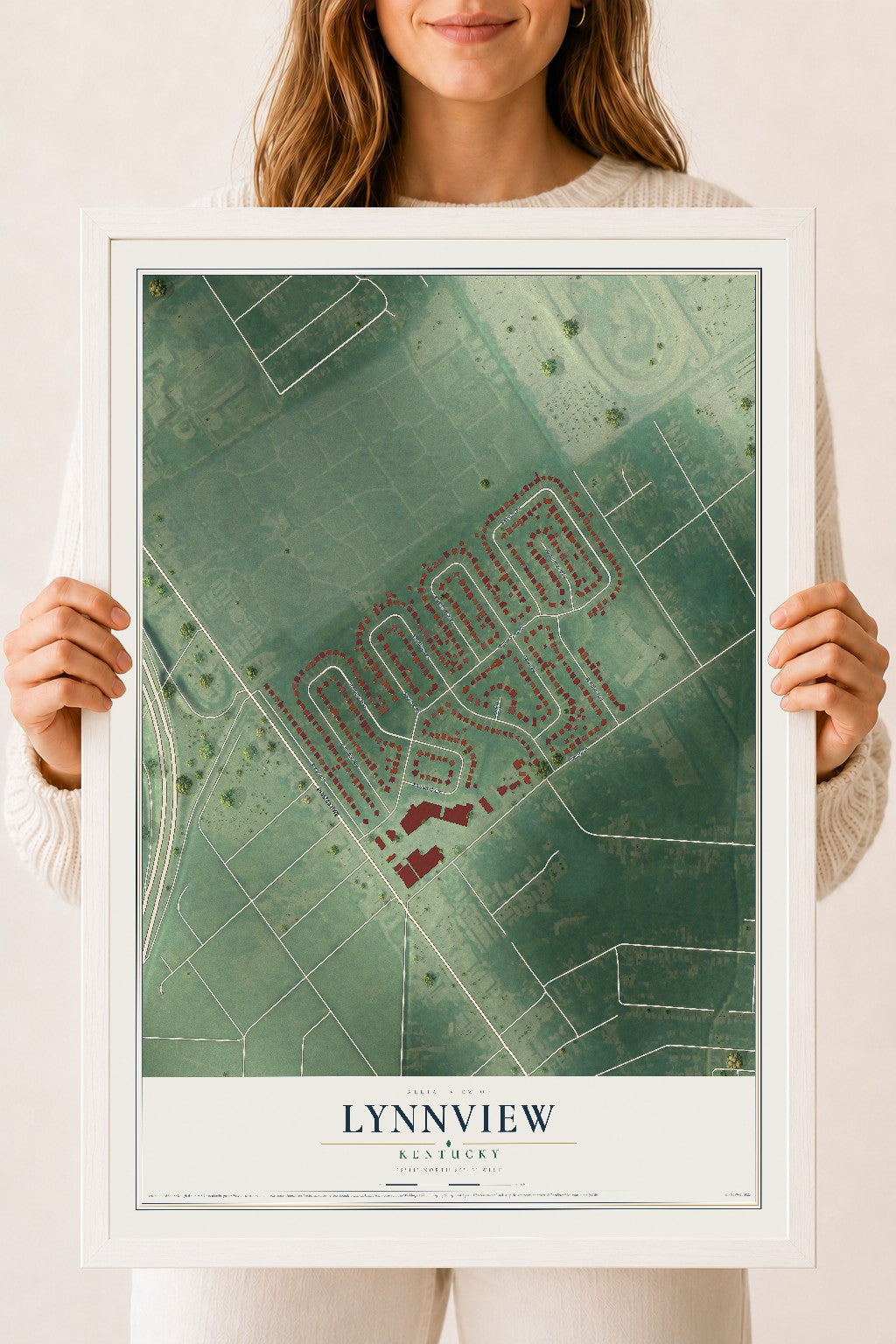 Map of Lynnview, Kentucky, 18 x 24 inch print in a white wood frame