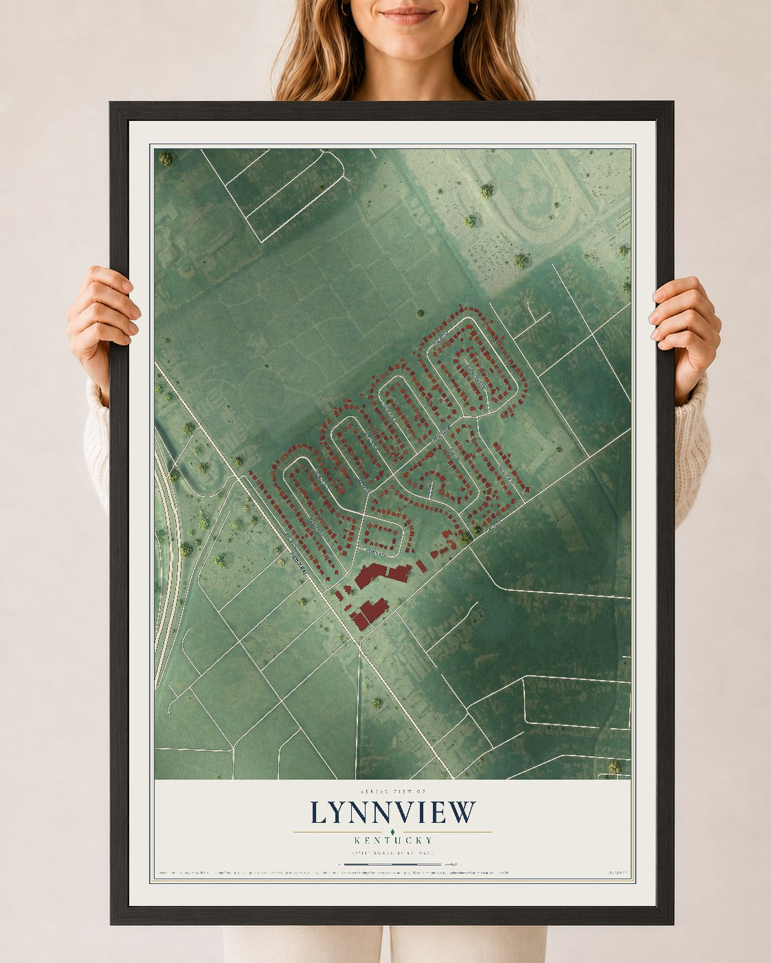 Map of Lynnview, Kentucky, 24 x 36 inch print in a black wood frame