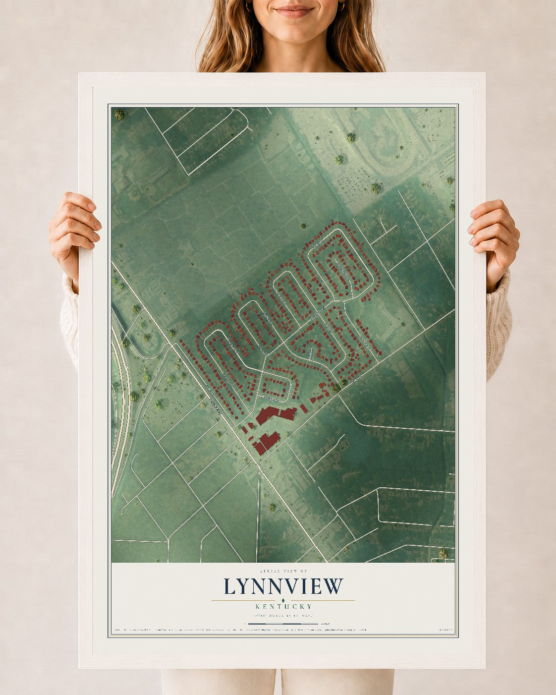 Map of Lynnview, Kentucky, 24 x 36 inch print in a white wood frame
