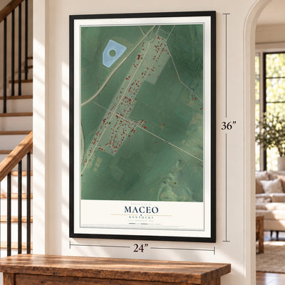 Maceo, Kentucky map, 24 x 36 inch print in a black frame by a staircase