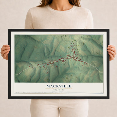 Map of Mackville, Kentucky, 12 x 18 inch print in a black wood frame