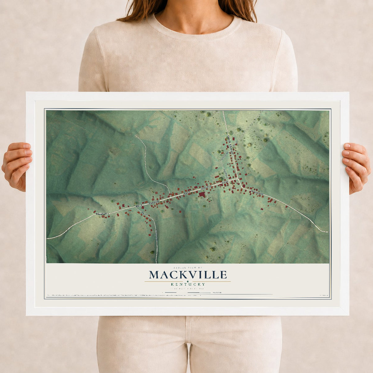 Map of Mackville, Kentucky, 12 x 18 inch print in a white wood frame