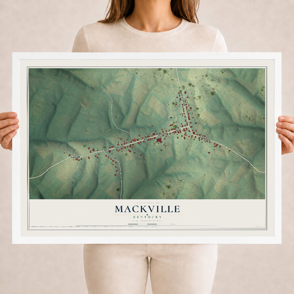 Map of Mackville, Kentucky, 18 x 24 inch print in a white wood frame