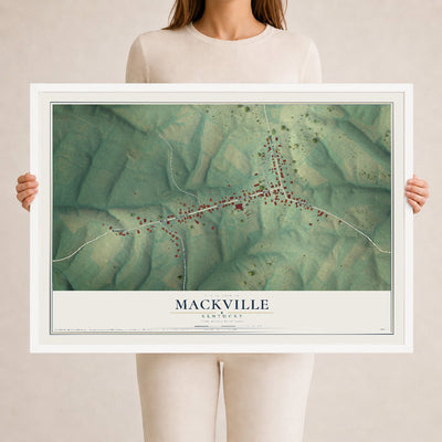 Map of Mackville, Kentucky, 24 x 36 inch print in a white wood frame