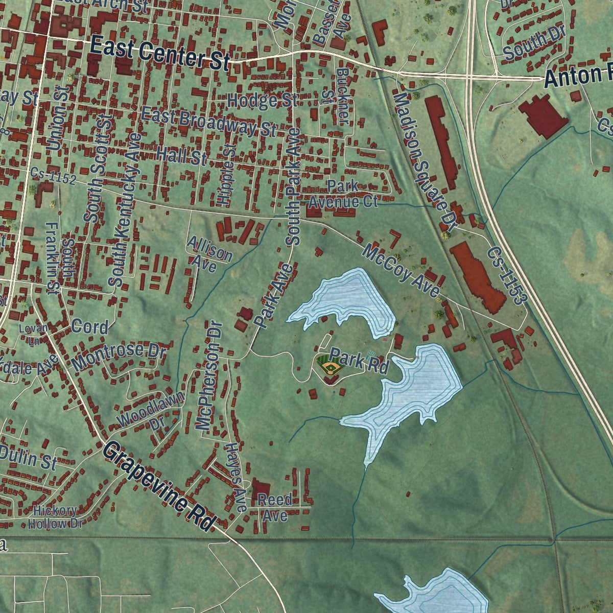 Second close-up of the map of Madisonville, Kentucky print showing more streets and buildings