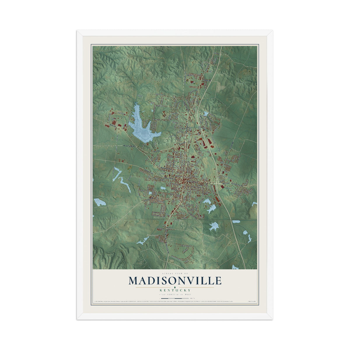 Map of Madisonville, Kentucky, 12 x 18 inch print in a white wood frame