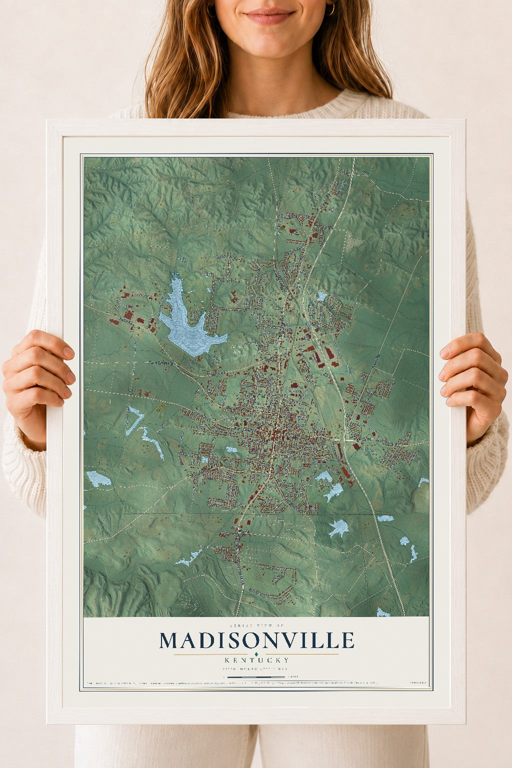 Map of Madisonville, Kentucky, 18 x 24 inch print in a white wood frame