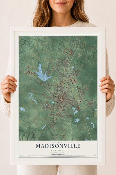 Map of Madisonville, Kentucky, 18 x 24 inch print in a white wood frame