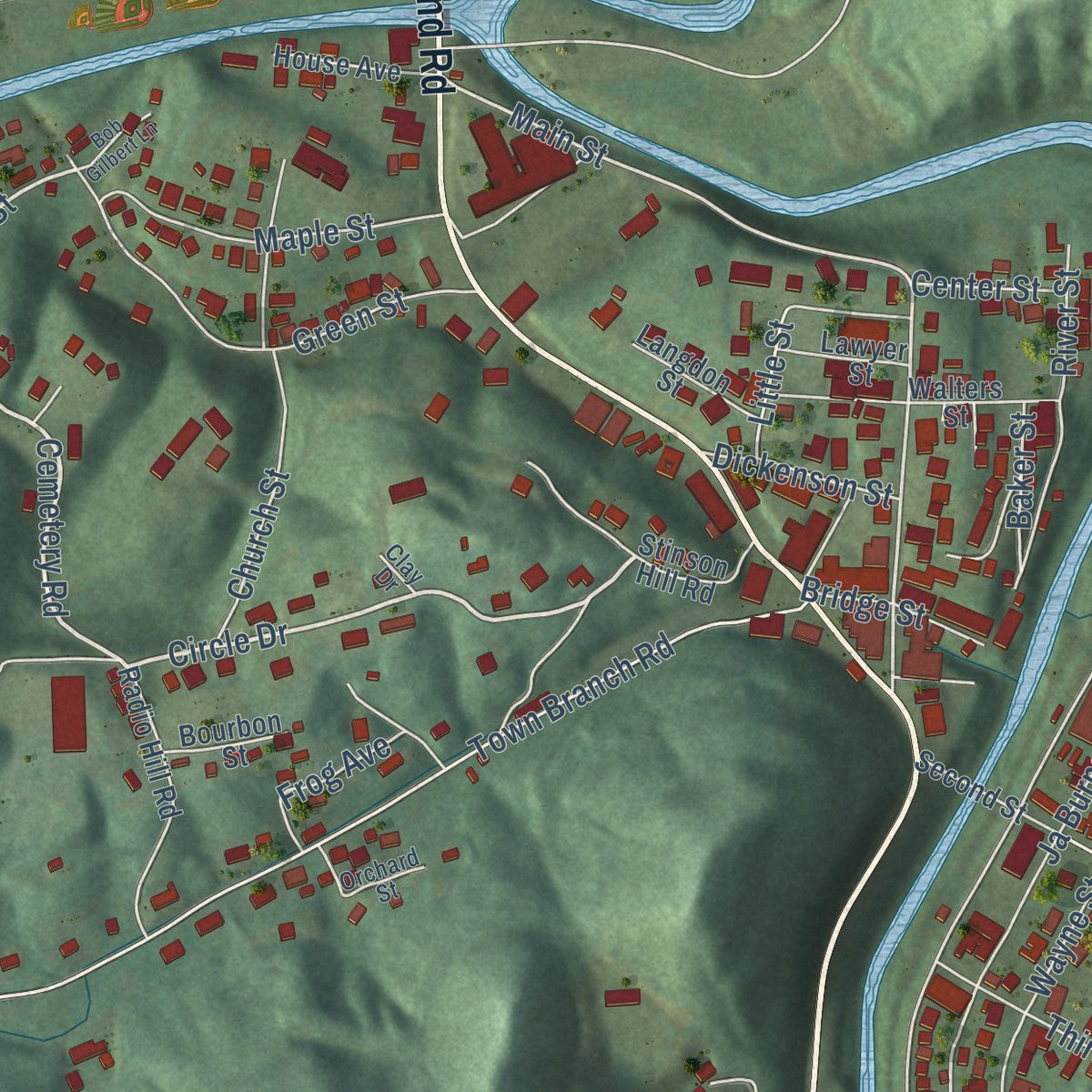 Close-up of the map of Manchester, Kentucky print showing street and building detail