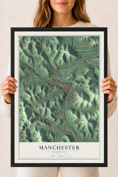 Map of Manchester, Kentucky, 18 x 24 inch print in a black wood frame