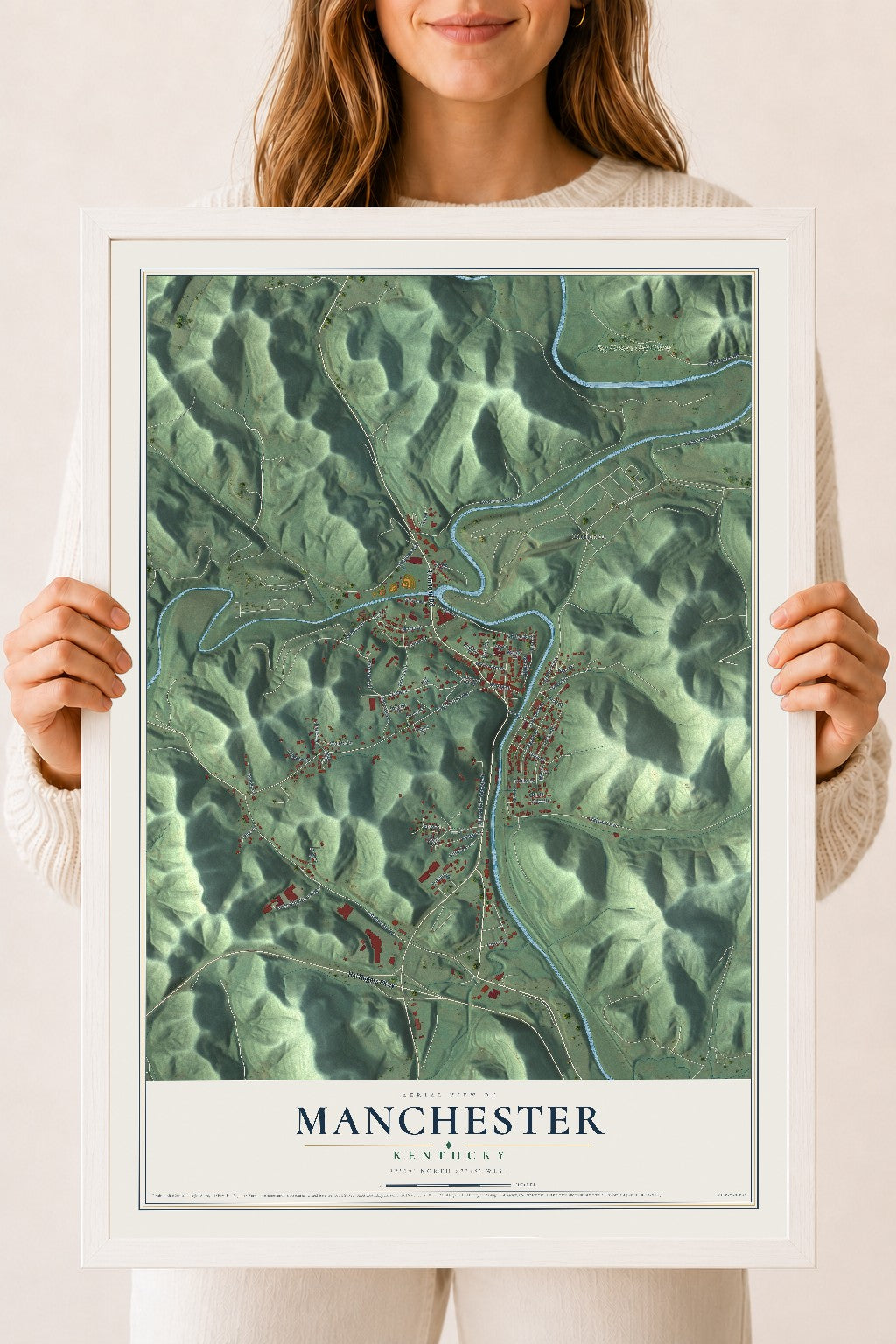 Map of Manchester, Kentucky, 18 x 24 inch print in a white wood frame