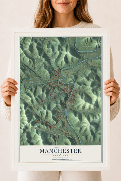 Map of Manchester, Kentucky, 18 x 24 inch print in a white wood frame