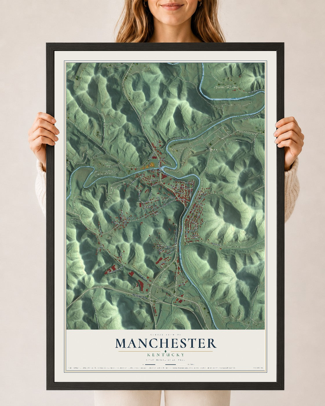 Map of Manchester, Kentucky, 24 x 36 inch print in a black wood frame