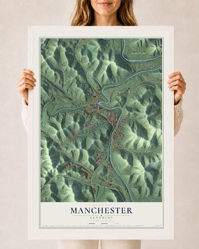 Map of Manchester, Kentucky, 24 x 36 inch print in a white wood frame