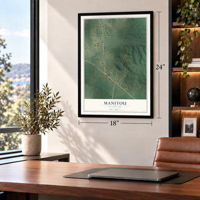 Manitou, Kentucky map, 18 x 24 inch print in a black frame in a home office