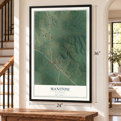 Manitou, Kentucky map, 24 x 36 inch print in a black frame by a staircase