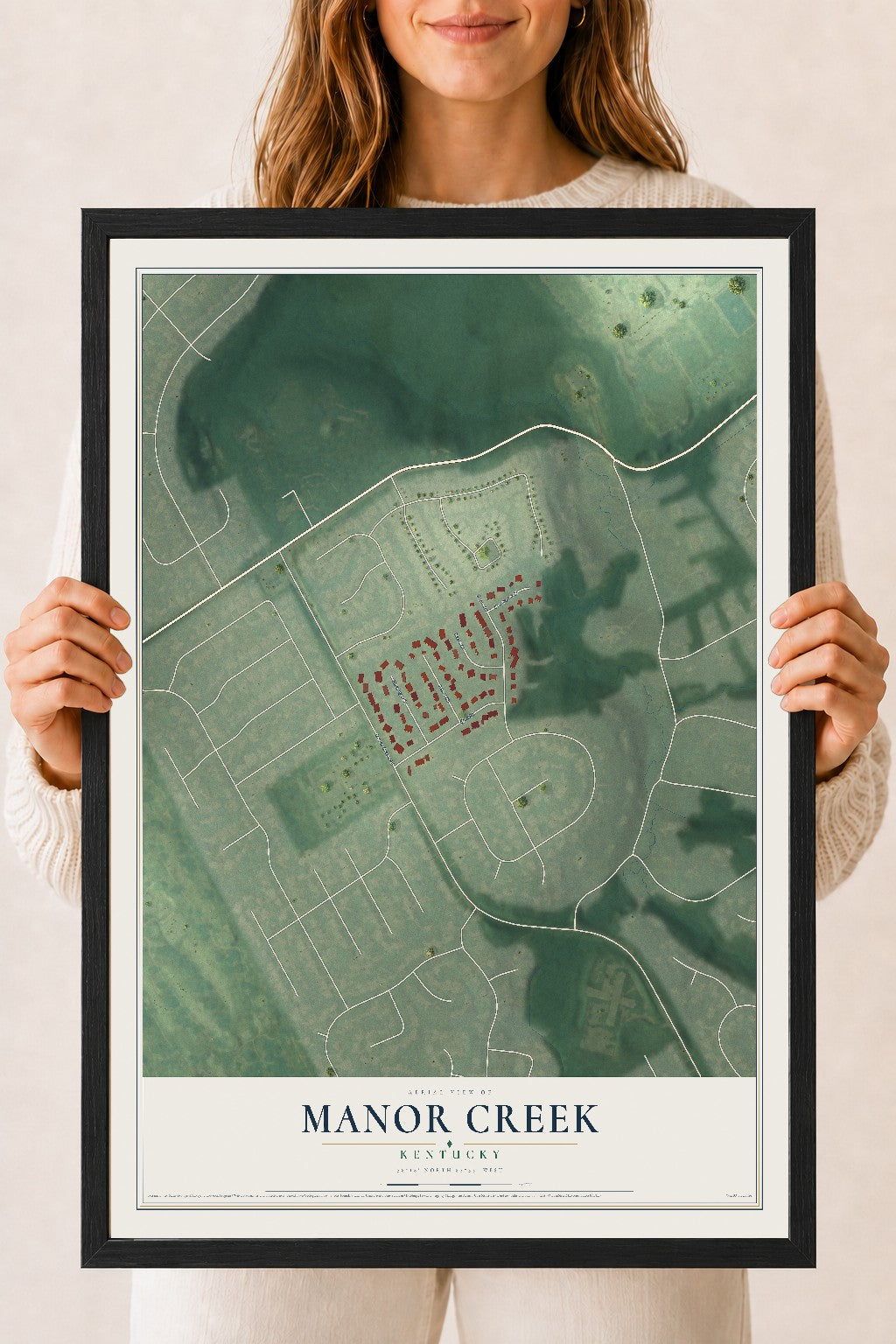 Map of Manor Creek, Kentucky, 18 x 24 inch print in a black wood frame