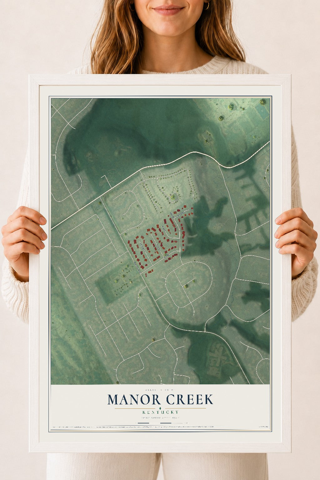 Map of Manor Creek, Kentucky, 18 x 24 inch print in a white wood frame