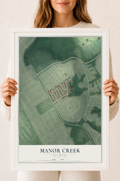 Map of Manor Creek, Kentucky, 18 x 24 inch print in a white wood frame