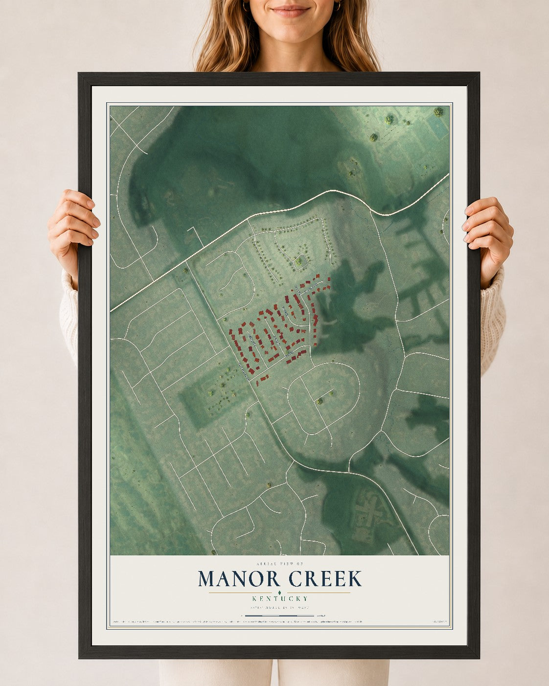 Map of Manor Creek, Kentucky, 24 x 36 inch print in a black wood frame